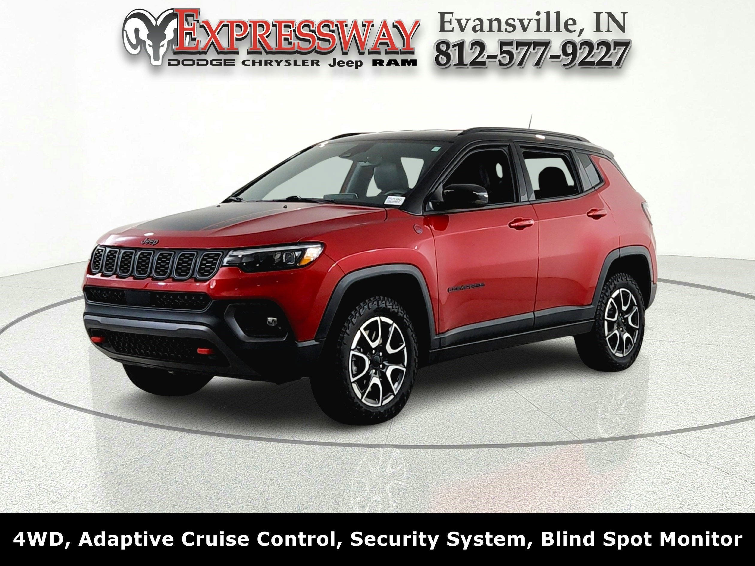 2024 Jeep Compass Trailhawk in Red Hot Pearlcoat — front three-quarter view